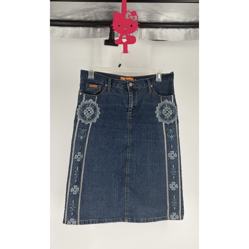 Y2K Chamas Embroidered Denim Midi Skirt Floral Stretch Blue boho Size 17/18